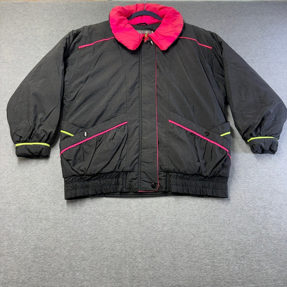 Vintage East West Panda Group Neon Puffer Jacket Womens Small Black Pink 80s